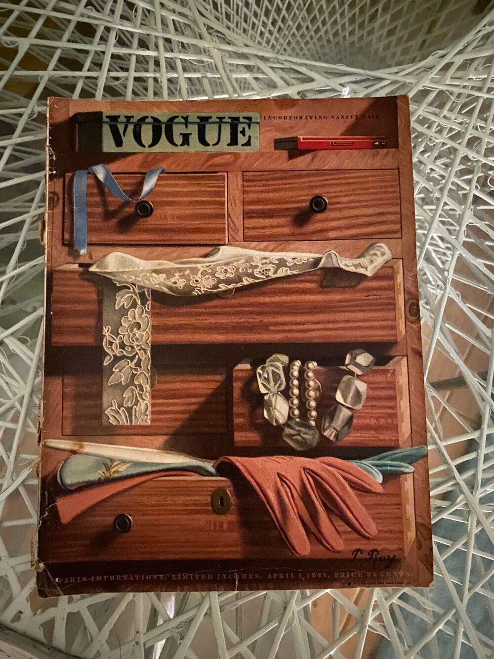 vintage april 1 1938 vogue magazine, vanity fair, pierre roy, 30s fashion, wwii